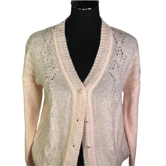FRNCH Laeila V-neck Pointelle Cardigan In‎ Light Pink Pearlized Embellishments M - Picture 3 of 9